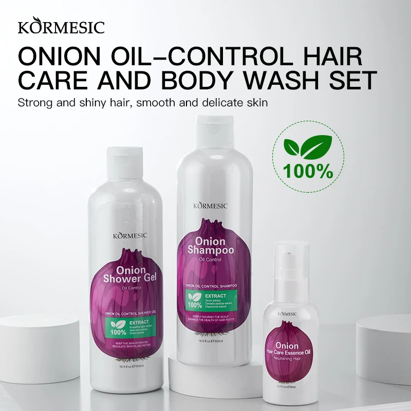 My Quest for Less-Greasy Hair & The Onion Set That (Actually) Delivered 2 Close up of KORMESIC Onion Shampoo and Body Wash bottles in use