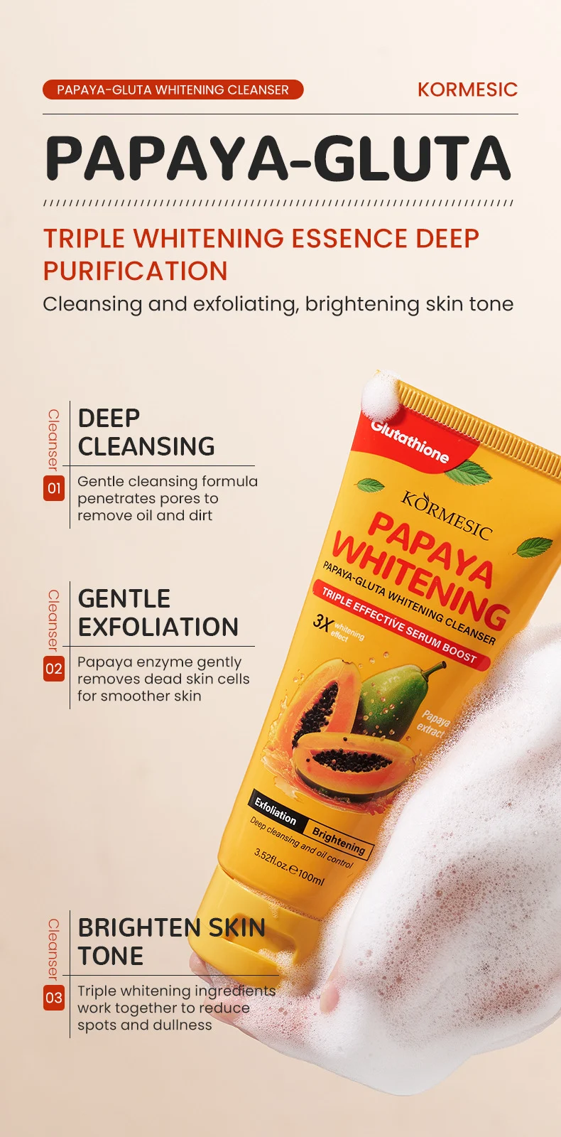 Papaya Glutathione Whitening Cleanser - Brightening & Deep Cleansing (100ml) 5 papaya glutathione whitening cleanser spu982811784428 desc 5