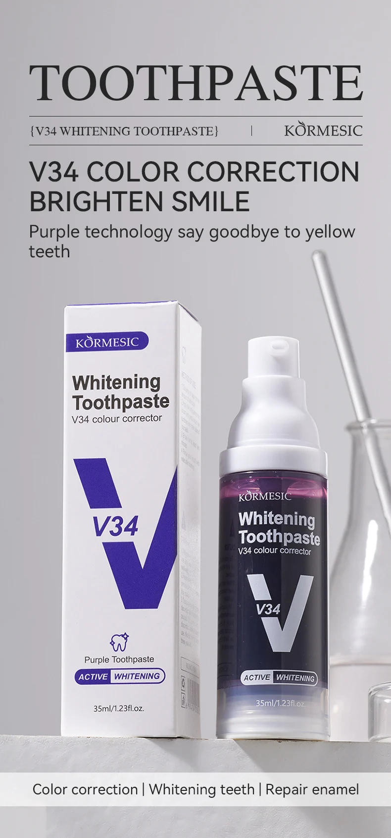 V34 Whitening Toothpaste - Purple Color Correction & Enamel Repair 35ml 1 whitening toothpaste color correction spu982972384960 desc 1