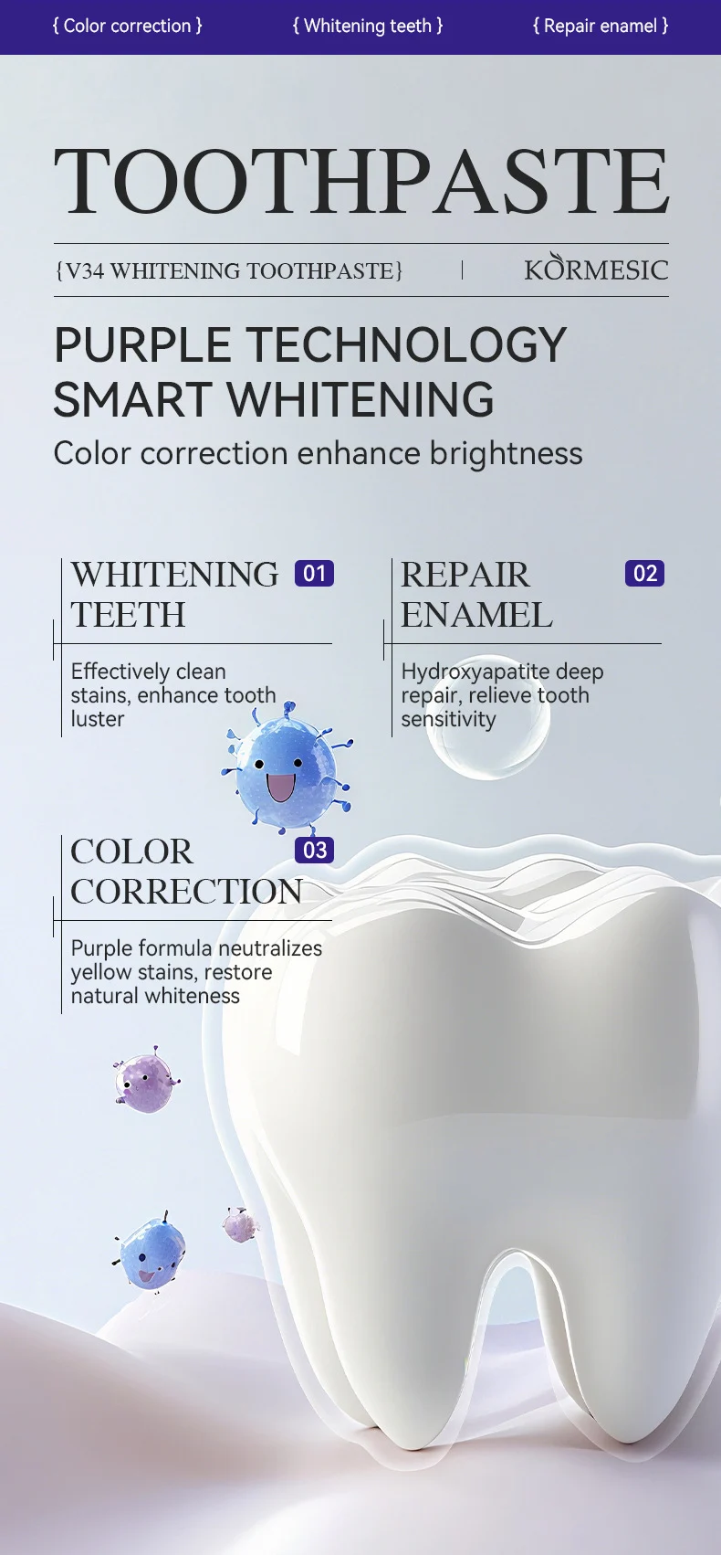V34 Whitening Toothpaste - Purple Color Correction & Enamel Repair 35ml 3 whitening toothpaste color correction spu982972384960 desc 3